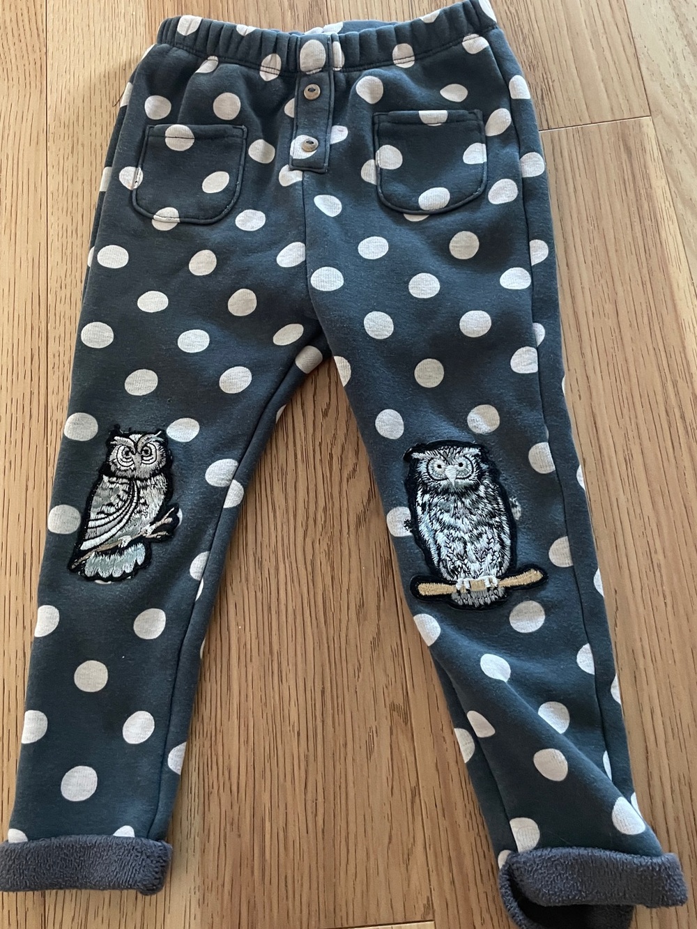 Zara sweatpants with polka dots and upcycled by mom with patches - 3T